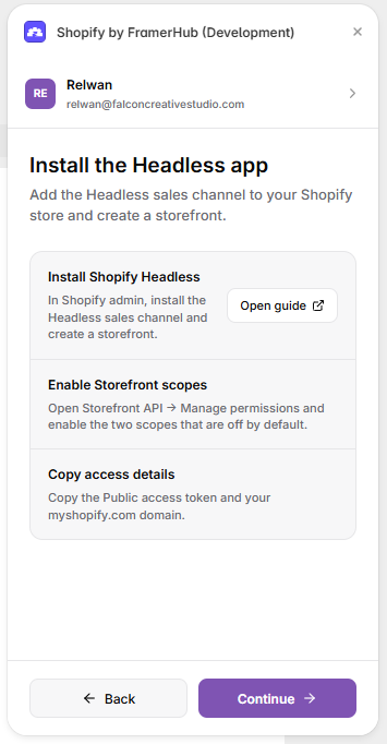 FrameStoreKit plugin showing Install Shopify Headless, Enable Storefront scopes, and Copy access details