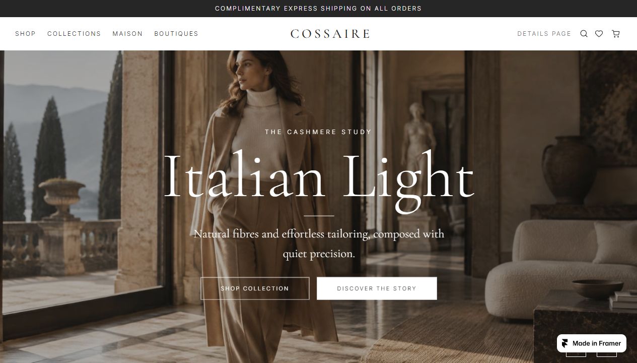 Cossaire storefront preview with the Italian Light collection and editorial fashion photography